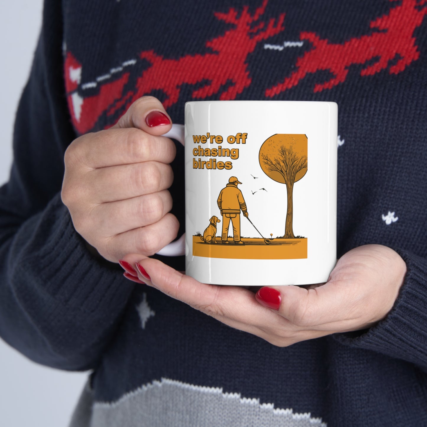 Off chasing birdies white ceramic mug