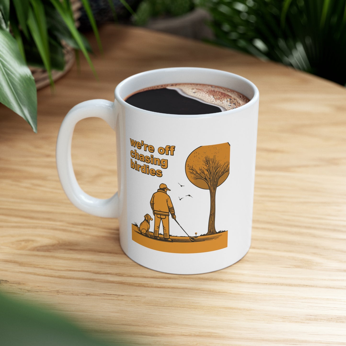 Off chasing birdies white ceramic mug
