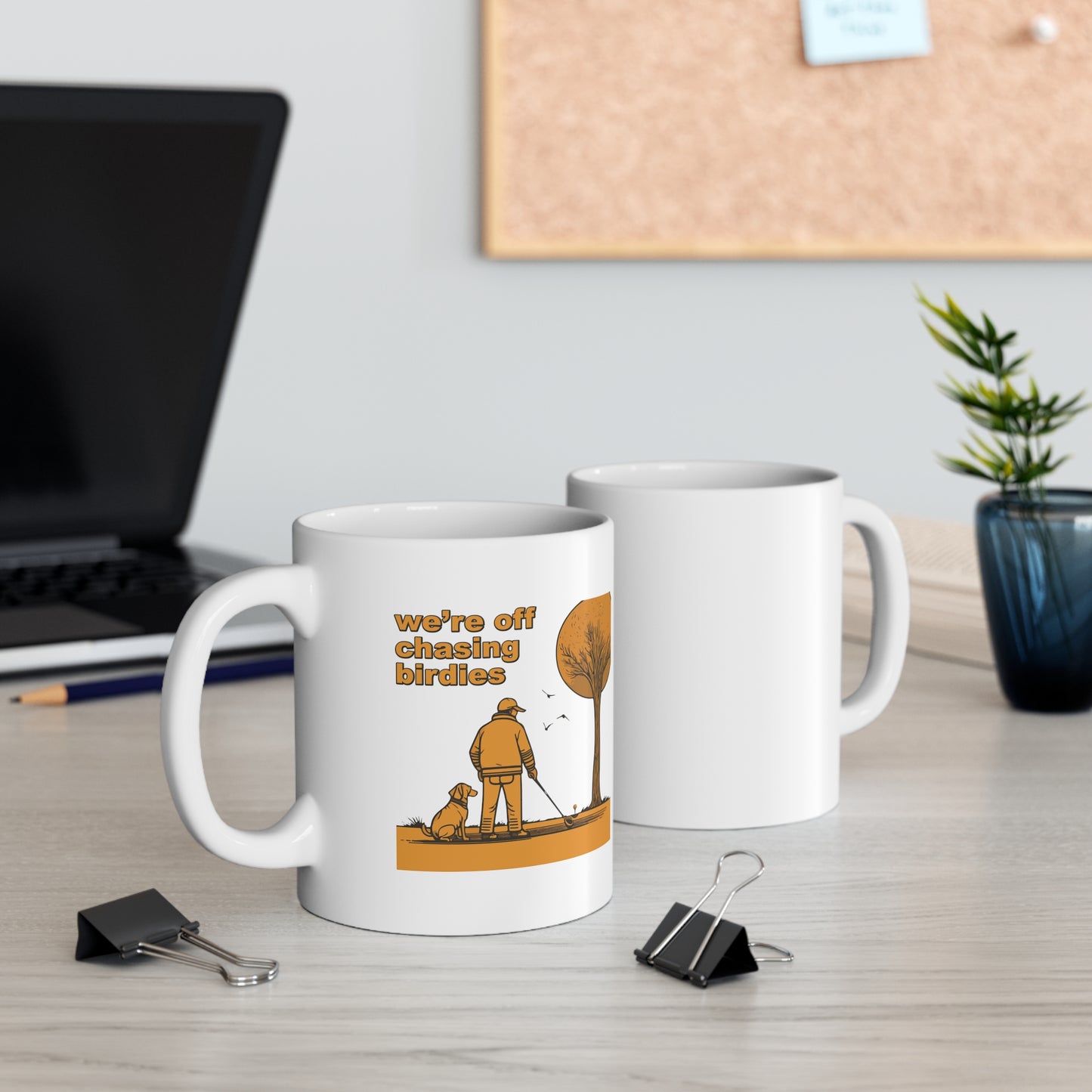 Off chasing birdies white ceramic mug