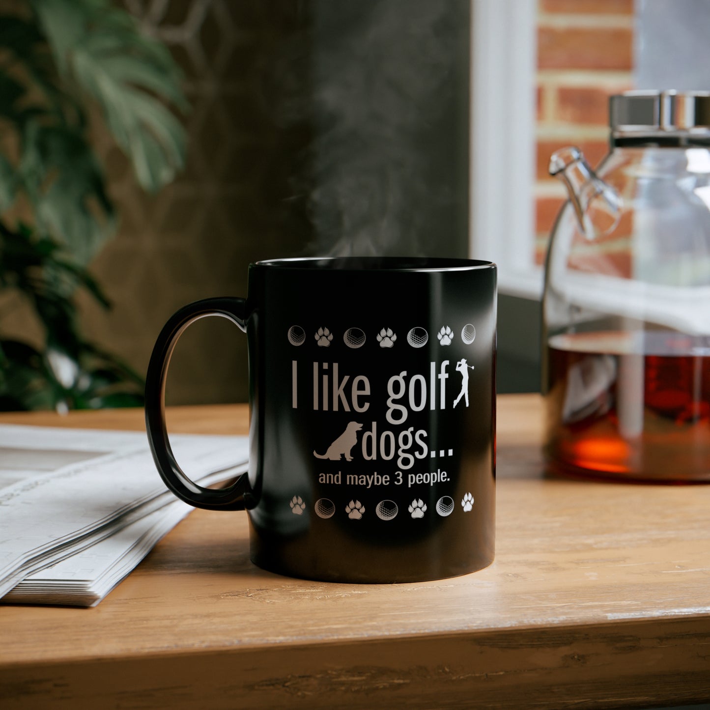 I like golf, dogs and maybe 3 people (This is so accurate) Black ceramic mug